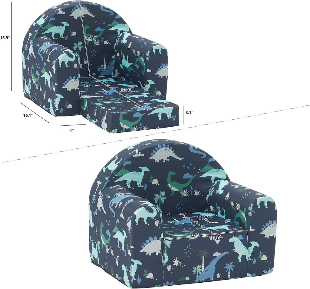 Ulax furniture Kids Sofa Couch, 2-in-1 Flip Out Toddler Couch, Baby Lounge Chair (Navy Dinosaur)