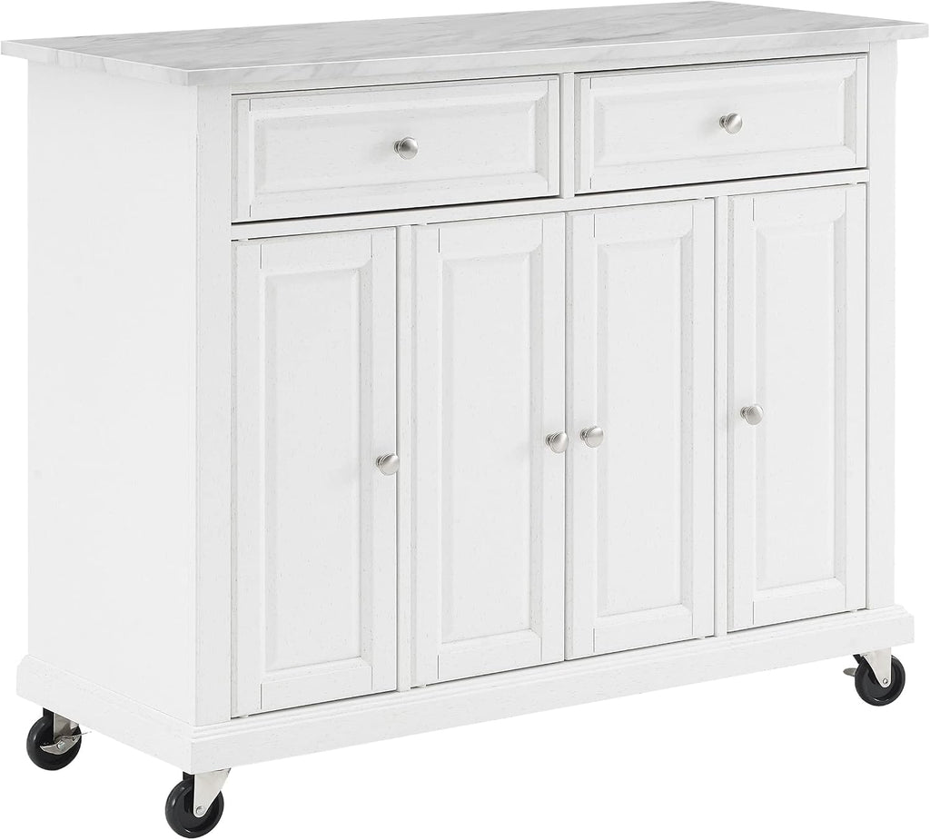 Crosley Furniture Avery Rolling Kitchen Island Storage Cart with Shelves, Microwave Stand, Coffee Bar, Distressed White