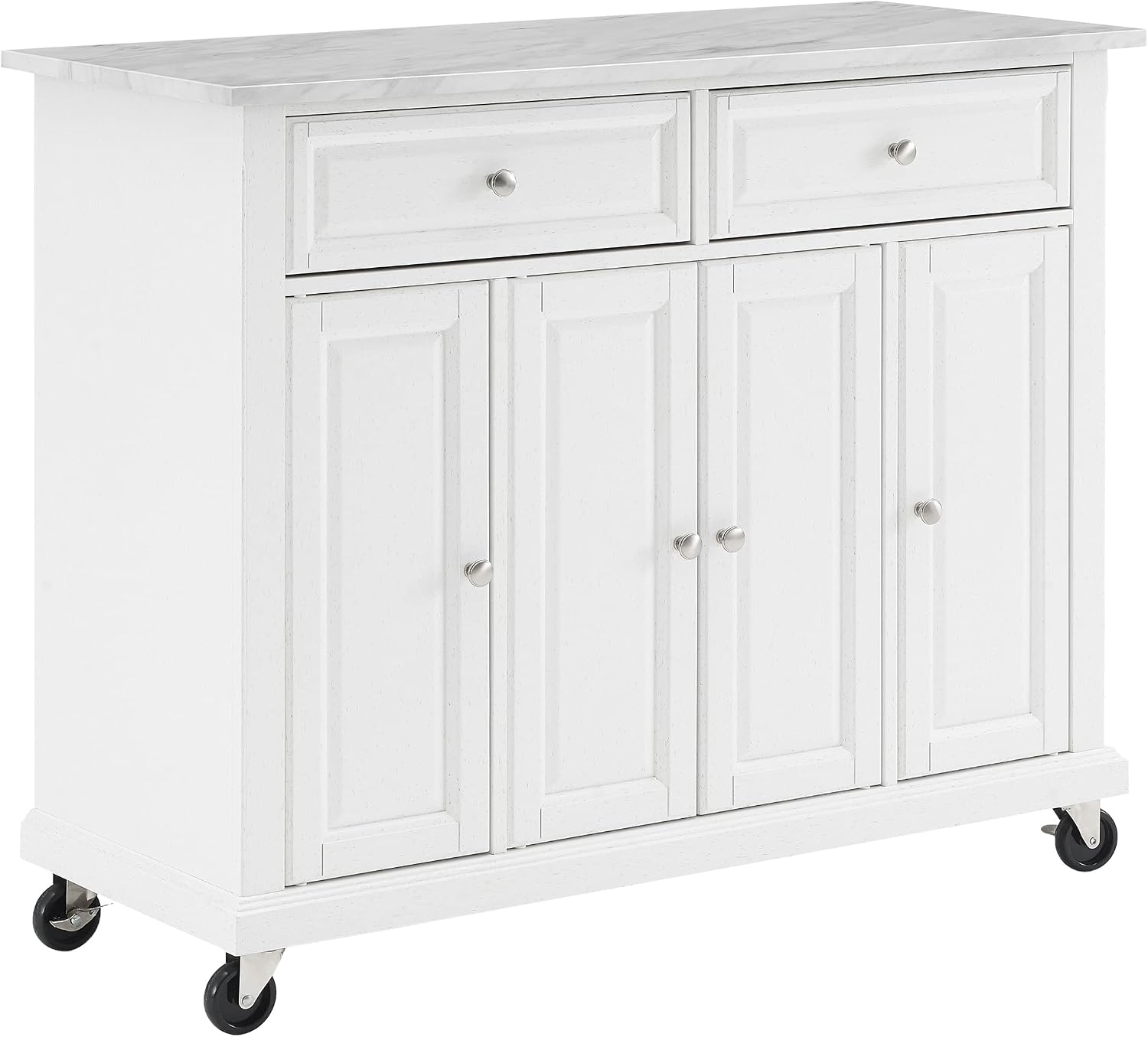 Crosley Furniture Avery Rolling Kitchen Island Storage Cart with Shelves, Microwave Stand, Coffee Bar, Distressed White