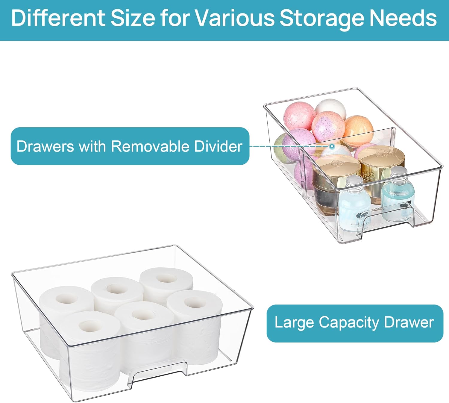 Vtopmart 3 Pack Stackable Storage Drawers, Easily Assemble Acrylic Bathroom Undersink Organizers,Clear Plastic Storage Bins for Closet,Cabinet,Pantry,Medicine Organization
