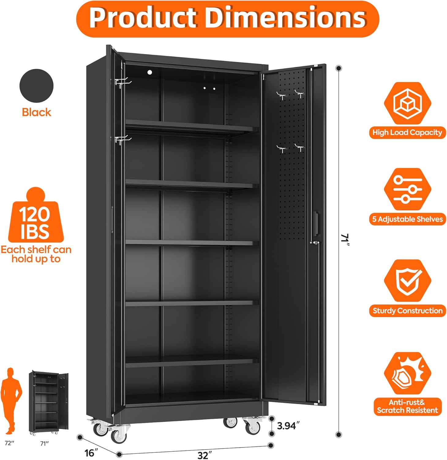 SUXXAN 71" Metal Storage Cabinet with Wheels, Pegboard, Lock, 5 Shelves | Locking steel cabinet with wheels, pegboard and 5 shelves for garage, workshop, office or pantry; assembly required.