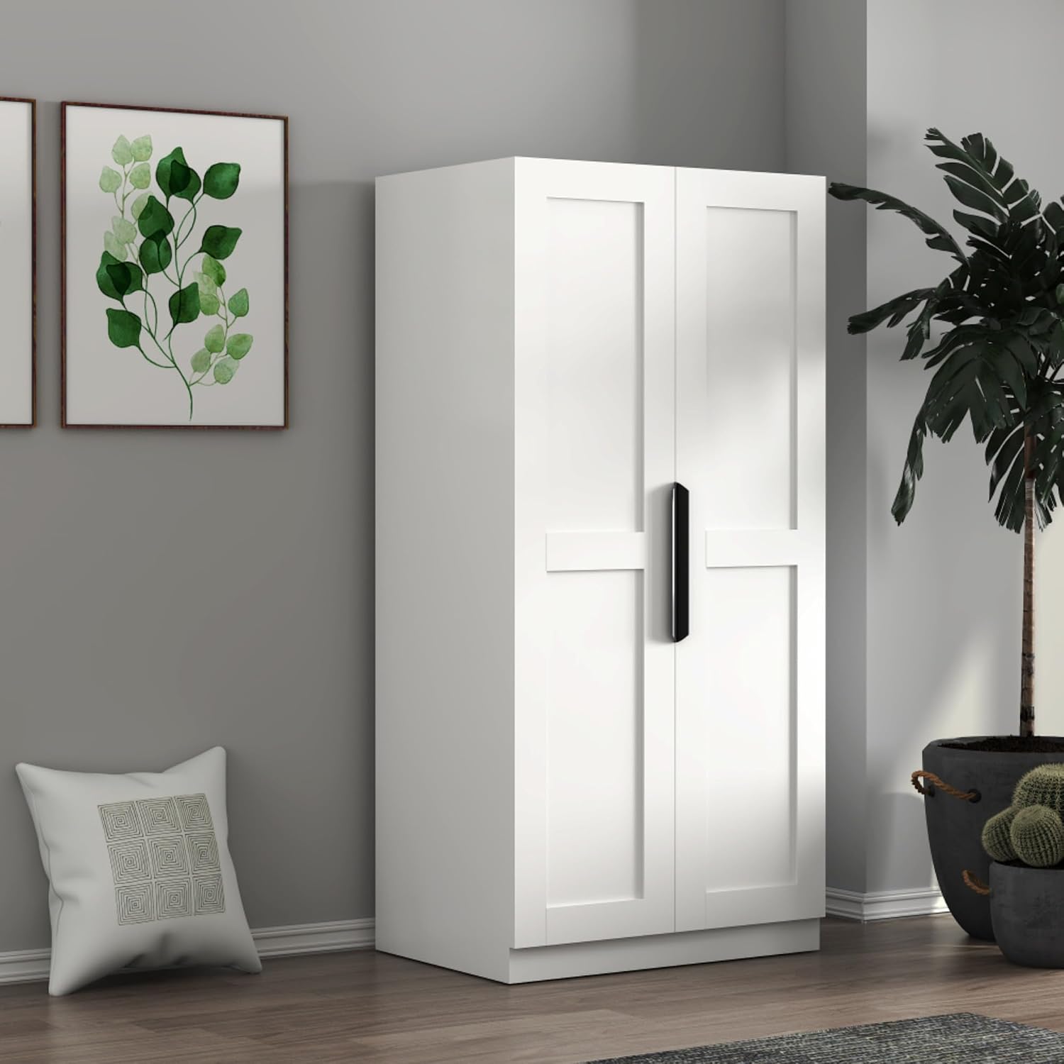 Standalone Pantry Cabinet Buffet Sideboard Cupboard with Double Doors, Multi-Level Shelving, Tall Organizer Storage for Kitchen Dining Living Hallway Bathroom, Modern Retro Furniture (White)