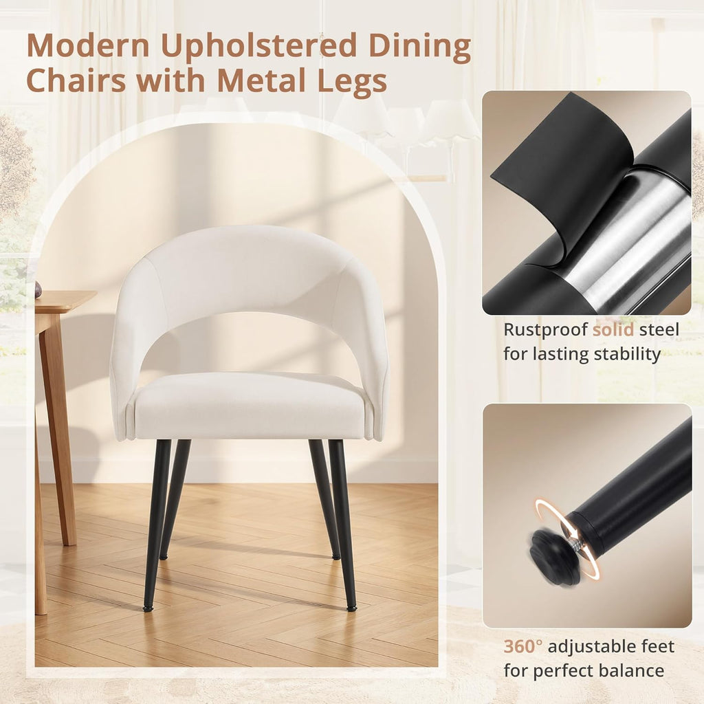 LUE BONA Modern Dining Chairs Set of 4, Upholstered Armrest Side Chairs for Kitchen & Dining Room, 18.5" Seat Height, Comfortable Curved Hollow Backrest, Black Metal Legs, Easy Assembly, Beige