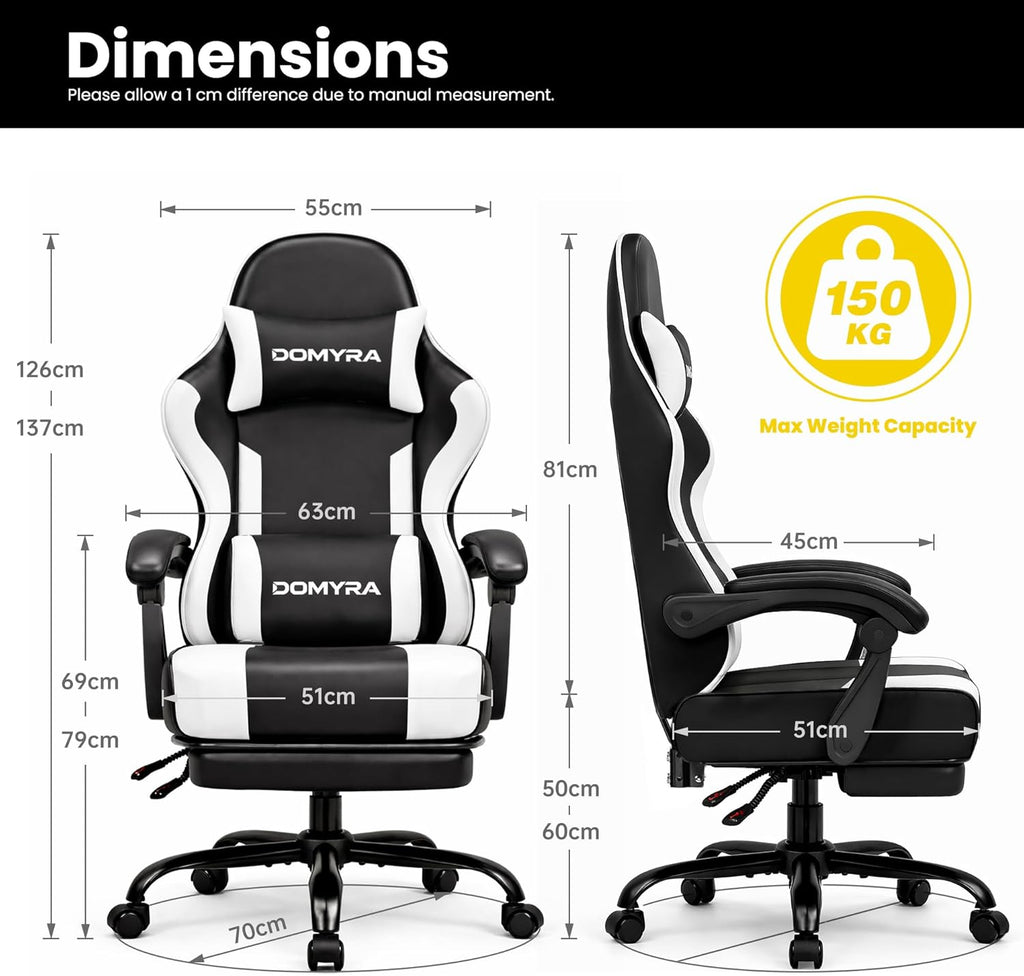 Gaming Chair Gamer Game Ergonomic with Footstool Lumbar Support Deep Black | Headrest, Height and Backrest Adjustable, Deep Black Leather, 210 KG Heavy Duty Load Capacity 52cm Wingless Cushion
