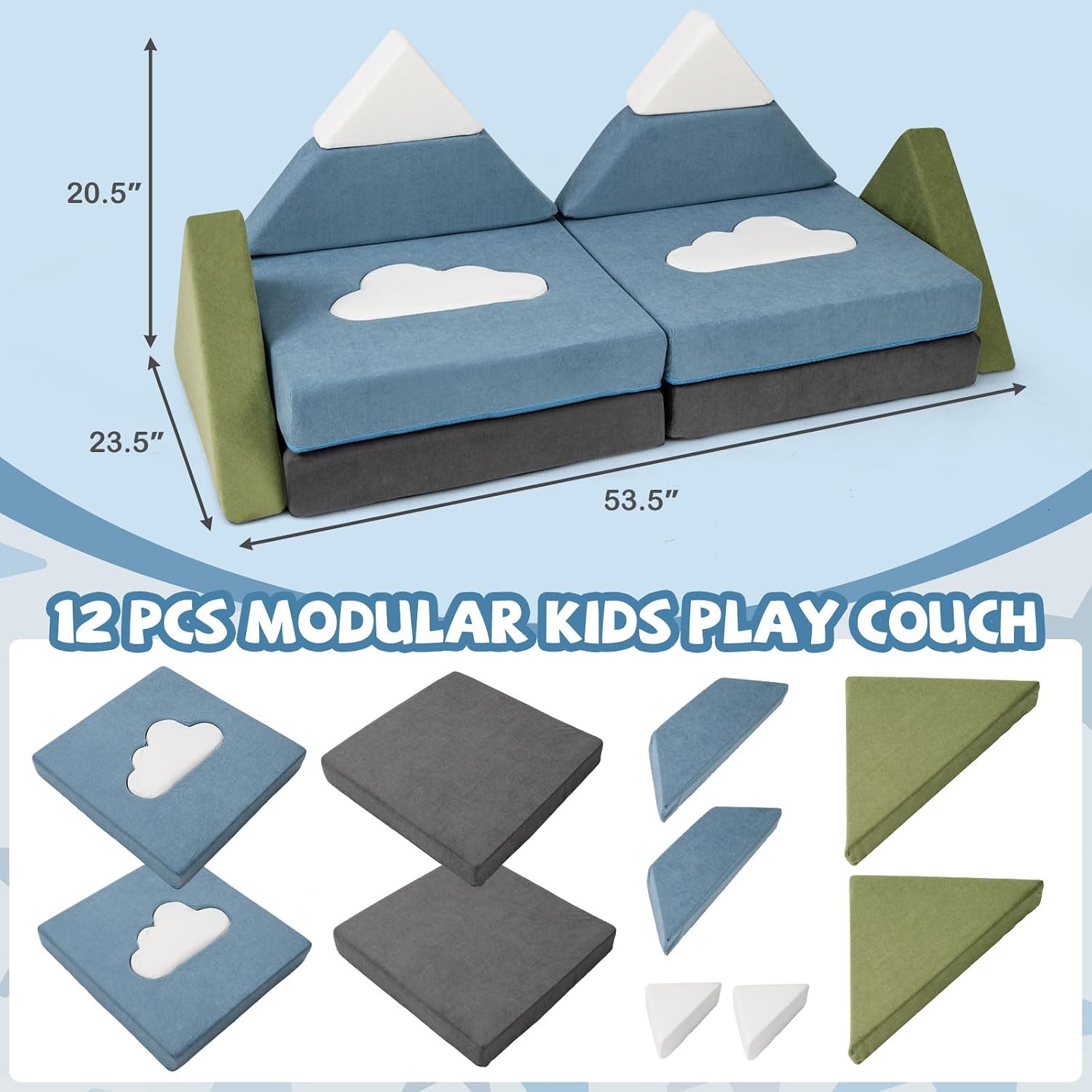 Costzon Modular Kids Play Couch, Snow Mountain Theme Toddler Foam Building Fort for Inspiring Creativity, Convertible Foam and Floor Cushion for Boys Girls for Playroom, Bedroom Gifts (Snow Mountain)