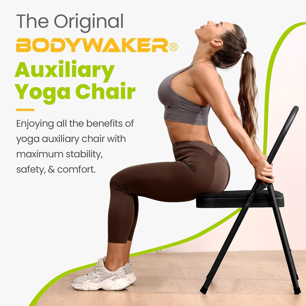 Foldable Yoga Auxiliary Chair with 3 Training Guide Posters for Versatile Exercises, Yoga Assist Handstand Chair with Detachable Lumbar Back Support for Stretching, Balance Training. (Black)