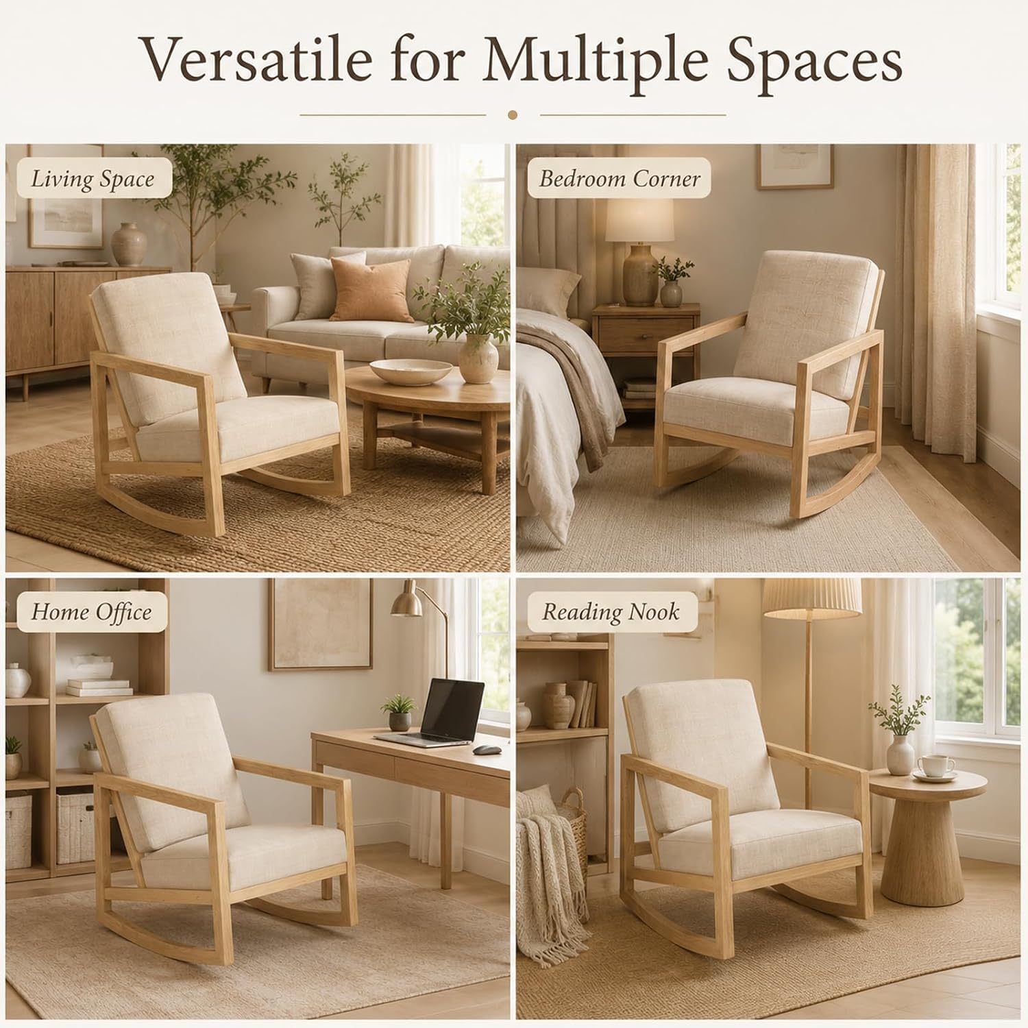 Solid Wood Rocking Chair, Upholstered Nursery Rocker with Removable Washable Cushion and Back Pillow, Comfy Armchair for Living Room, Bedroom, Reading Nook and Baby Feeding, Beige