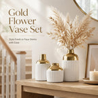 Ceramic Textured Vases Set of 3, Round White and Gold Two-Tone Flower Vase for Pampas Grass Decorative, Modern Gold Small Vase for Kitchen Counter Shelving Fireplace Mantel Table Centerpiece