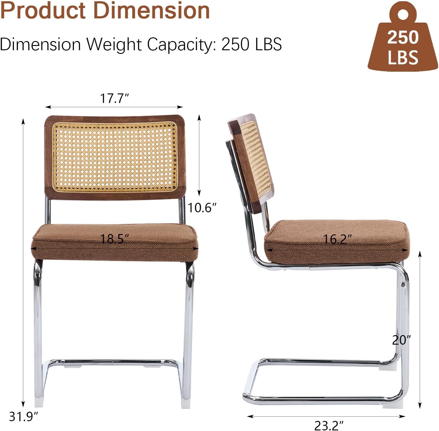 Rattan Back Linen Dining Chair Set of 2 Modern Stainless Chrome Base Armless Upholstered Side Chair for Dining Room, Kitchen Island,Coffee