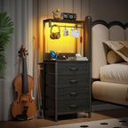 Furnulem Nightstands Set of 2, 38" Tall Bedside Table with Charging Station | Charging Station & RGB LED Lights, 4 Fabric Drawers & Storage Wood Shelves, Metal Frame, Black Night Stand for Bedroom Dorm