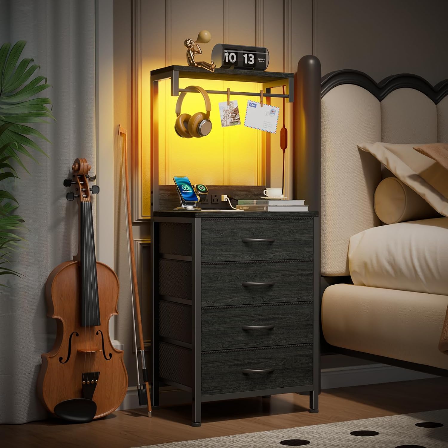Furnulem Nightstands Set of 2, 38" Tall Bedside Table with Charging Station | Charging Station & RGB LED Lights, 4 Fabric Drawers & Storage Wood Shelves, Metal Frame, Black Night Stand for Bedroom Dorm