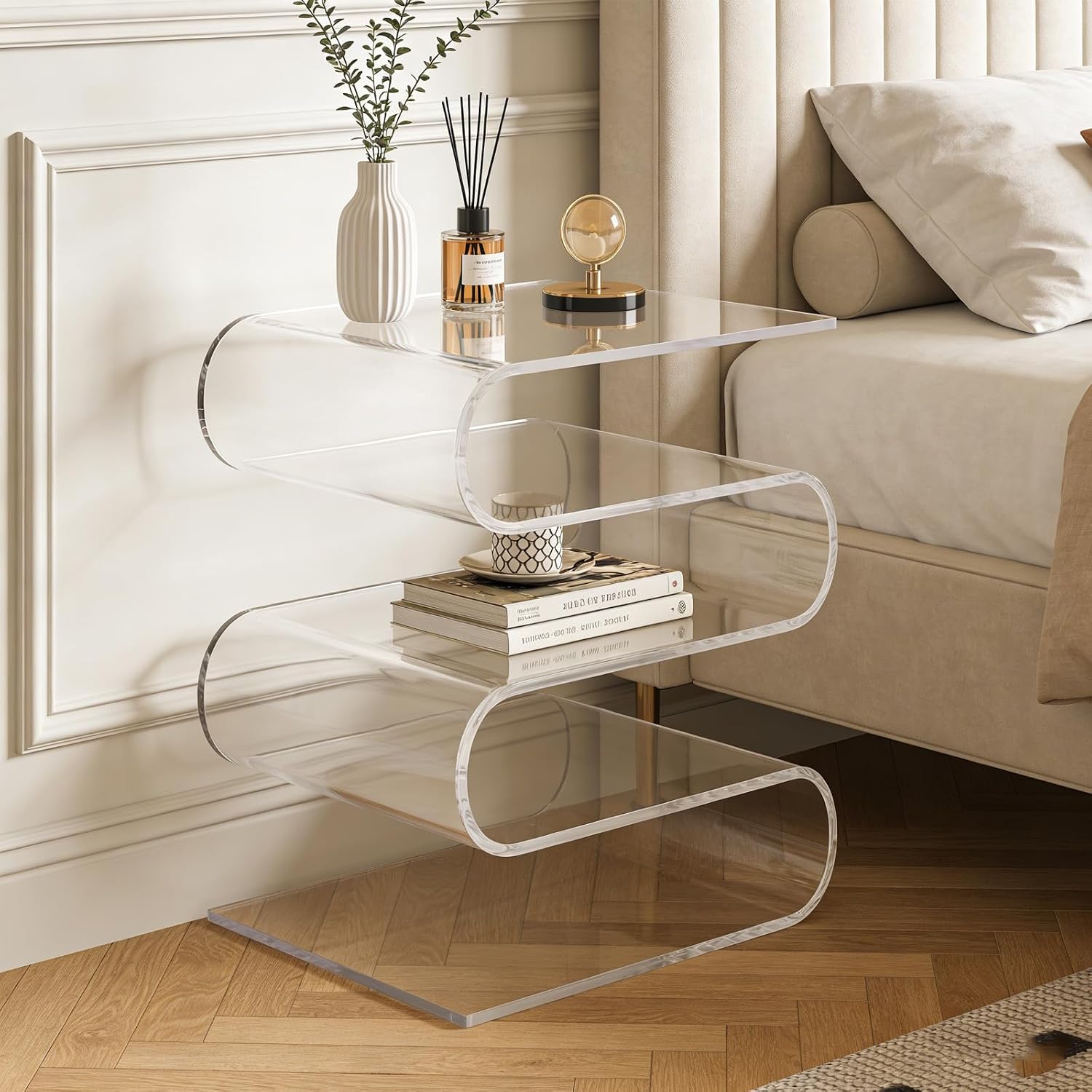 Acrylic Side Table S Shaped Multi 5 Tier Display Shelf Magazine Holder Bookshelf Organizer Vertical Nightstand End Table Coffee Table for Living Room Bedroom Office Patio (Clear)