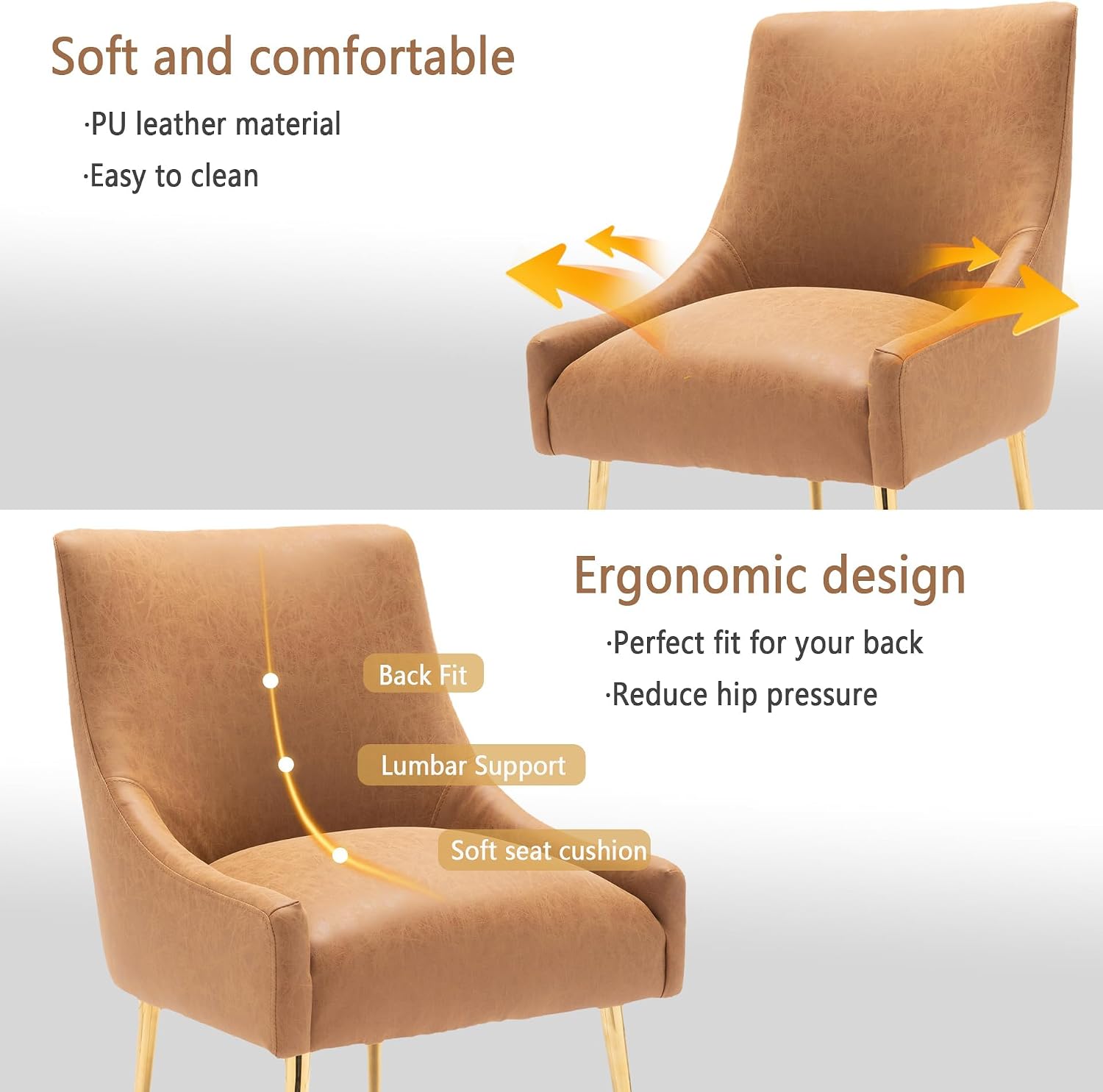 Dining Room Chair Faux Leather Vanity Chairs Set of 4 Mid-Century with Metal Legs Upholstered PU Leather Luxury Accent Chairs Living Room Restaurant(Brown)