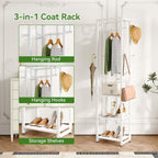 IBUYKE Coat Rack with Shelves, Freestanding Hall Tree with 3 Shelves and 8 Hooks, Industrial Clothes Stand for Entryway, Hallway, Bedroom, White UTMJ088W