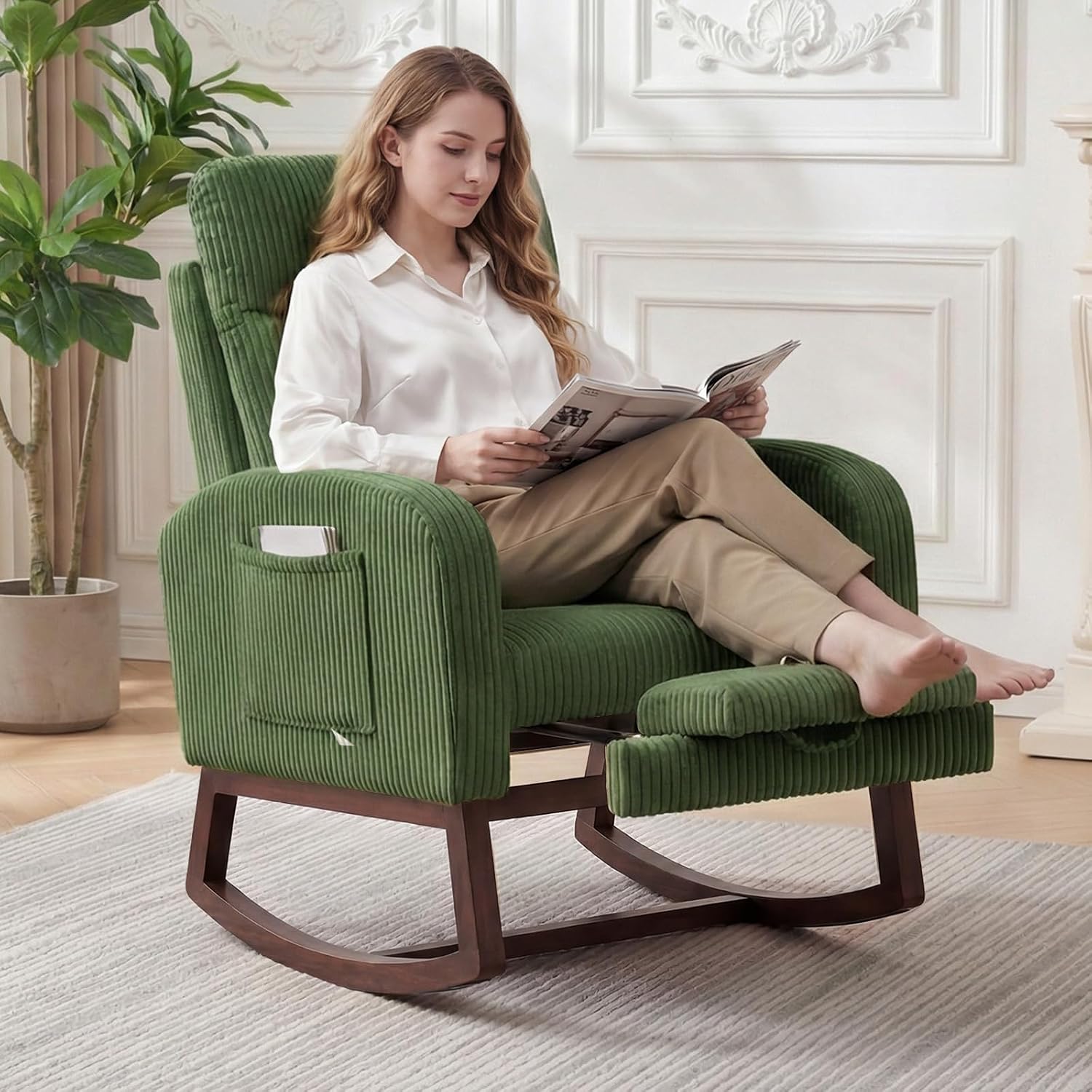 GarveeLife Nursery Rocking Chair,300lb Glider Chair with Solid Wood Legs/Two Side Pockets,Corduroy Upholstered Glider Rocker with Footrest High Backrest for Living Room/Bedroom/Nursery