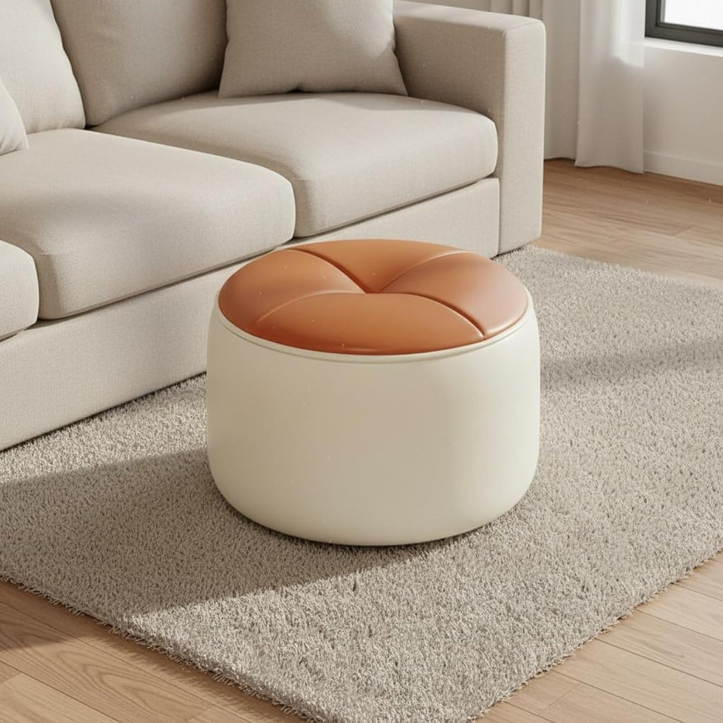 Round Padded Stool Light Sophisticated Design Round Padded Footstool Solid Wood Frame Entryway Shoe Stool for Kids, Bedroom, White-Orange