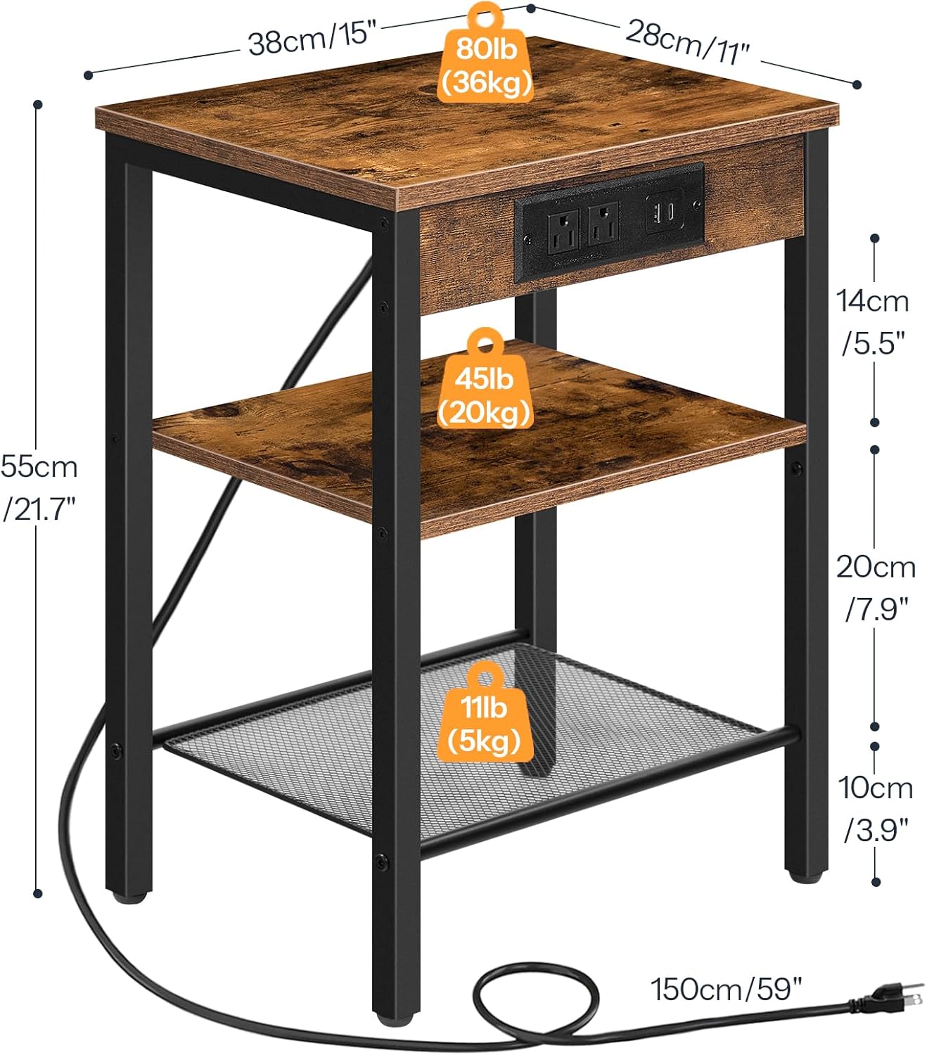 HOOBRO Side Table with Charging Station and USB Port, Small End Table for Small Space, 3-Tier Nightstand with Adjustable Shelf, for Living Room, Bedroom, Rustic Brown BF112BZ01