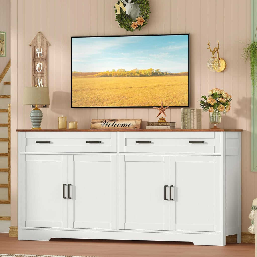 Buffet Cabinet with Storage, Drawers & Adjustable Shelves, 55" Large Sideboard with Doors, Modern Coffee Bar Cabinet for Kitchen or Living Room, White