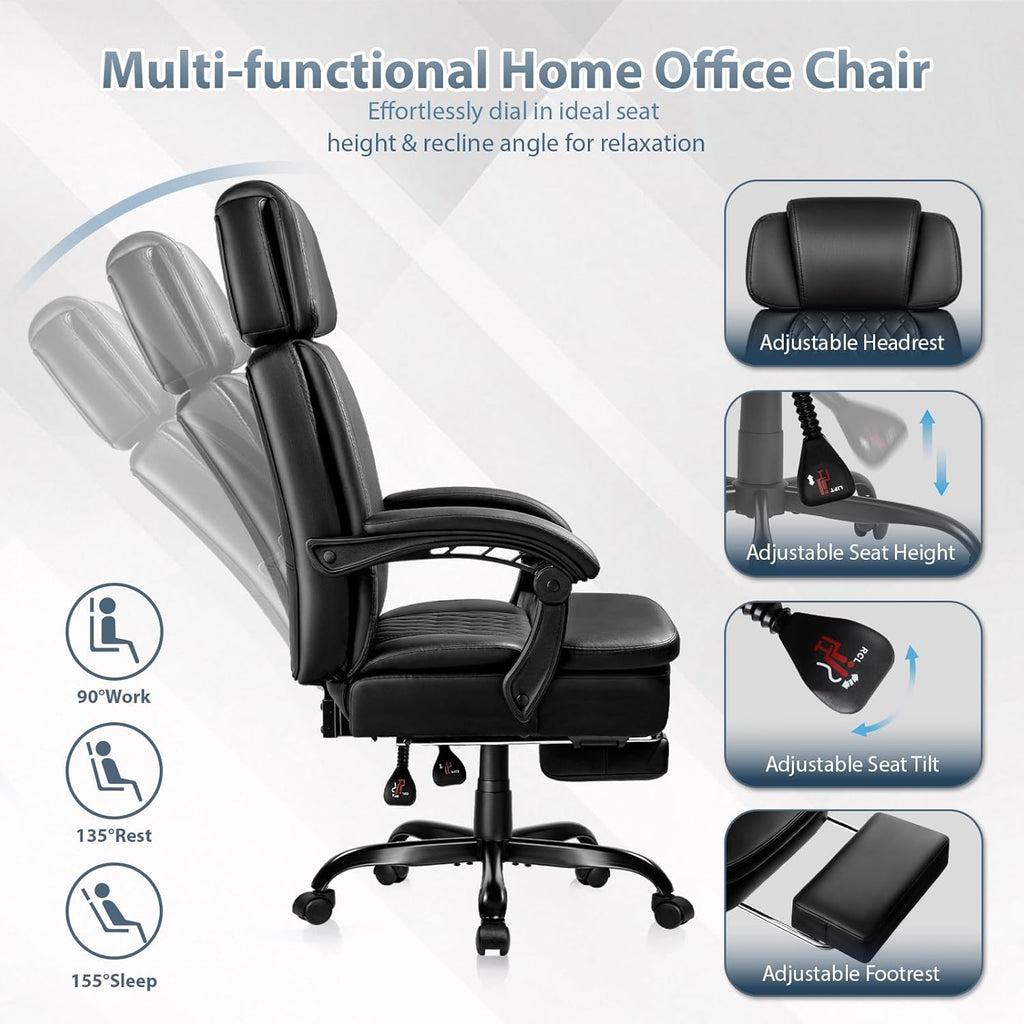 PRETZI Executive Office Chair 400LBS, Ergonomic Office Chair with Foot Rest, Heavy Duty Desk Chair for Home Office, Reclining High Back PU Leather Computer Chair Comfy, Black