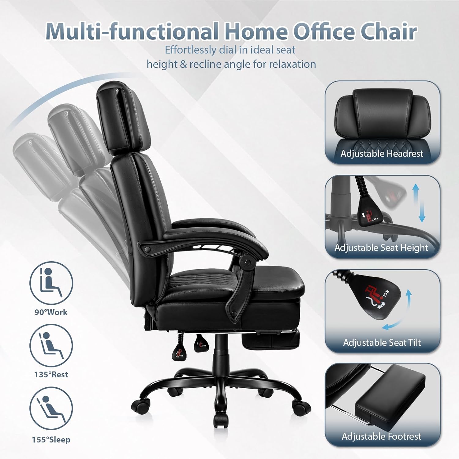 PRETZI Executive Office Chair 400LBS, Ergonomic Office Chair with Foot Rest, Heavy Duty Desk Chair for Home Office, Reclining High Back PU Leather Computer Chair Comfy, Black