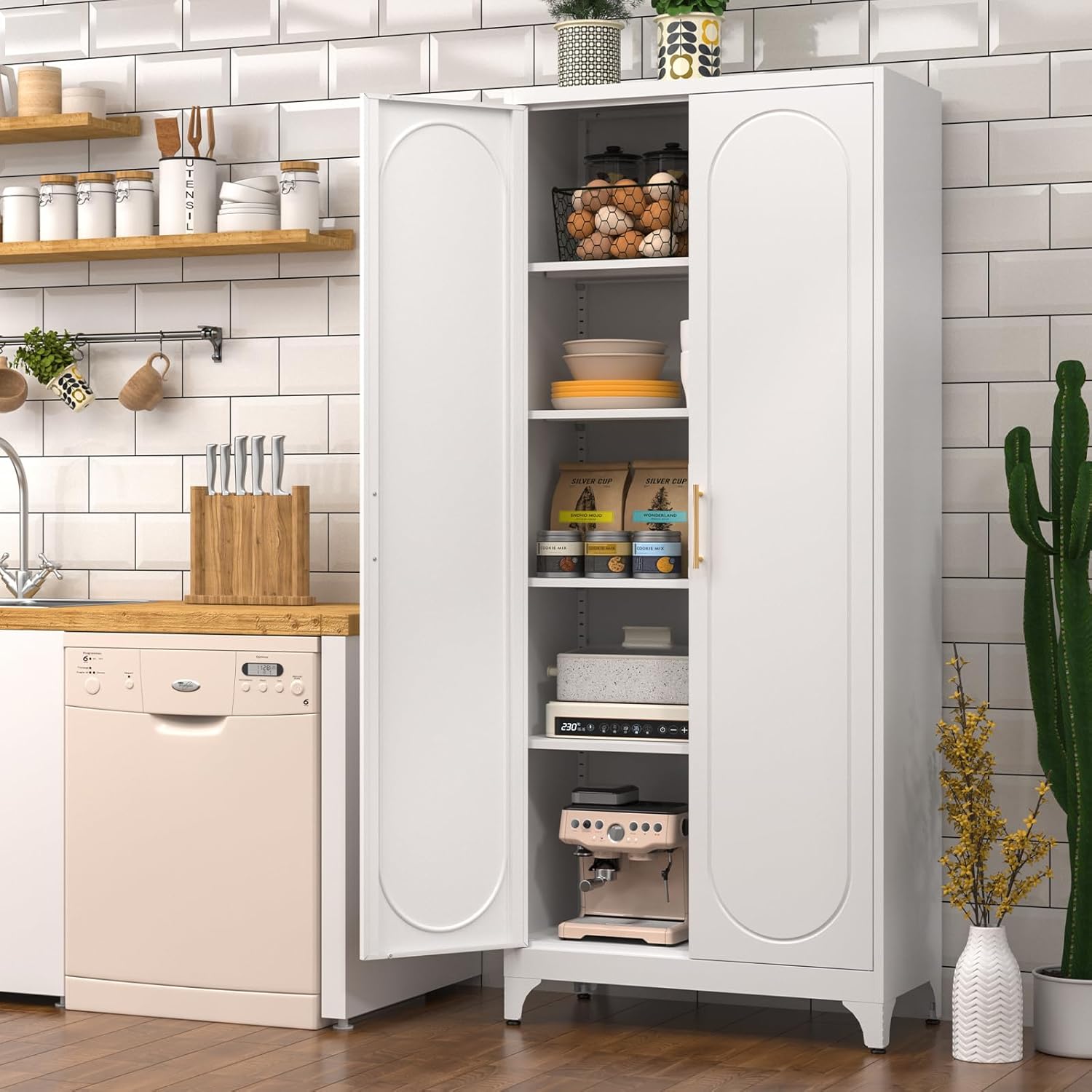 Polup Metal Storage Cabinet with Doors and Shelves, 75 Inch Tall Kitchen Pantry Cabinet, Pantry Cabinets for Kitchen Storage, Freestanding Cupboard for Living, Dining Room, White, Assembly Required
