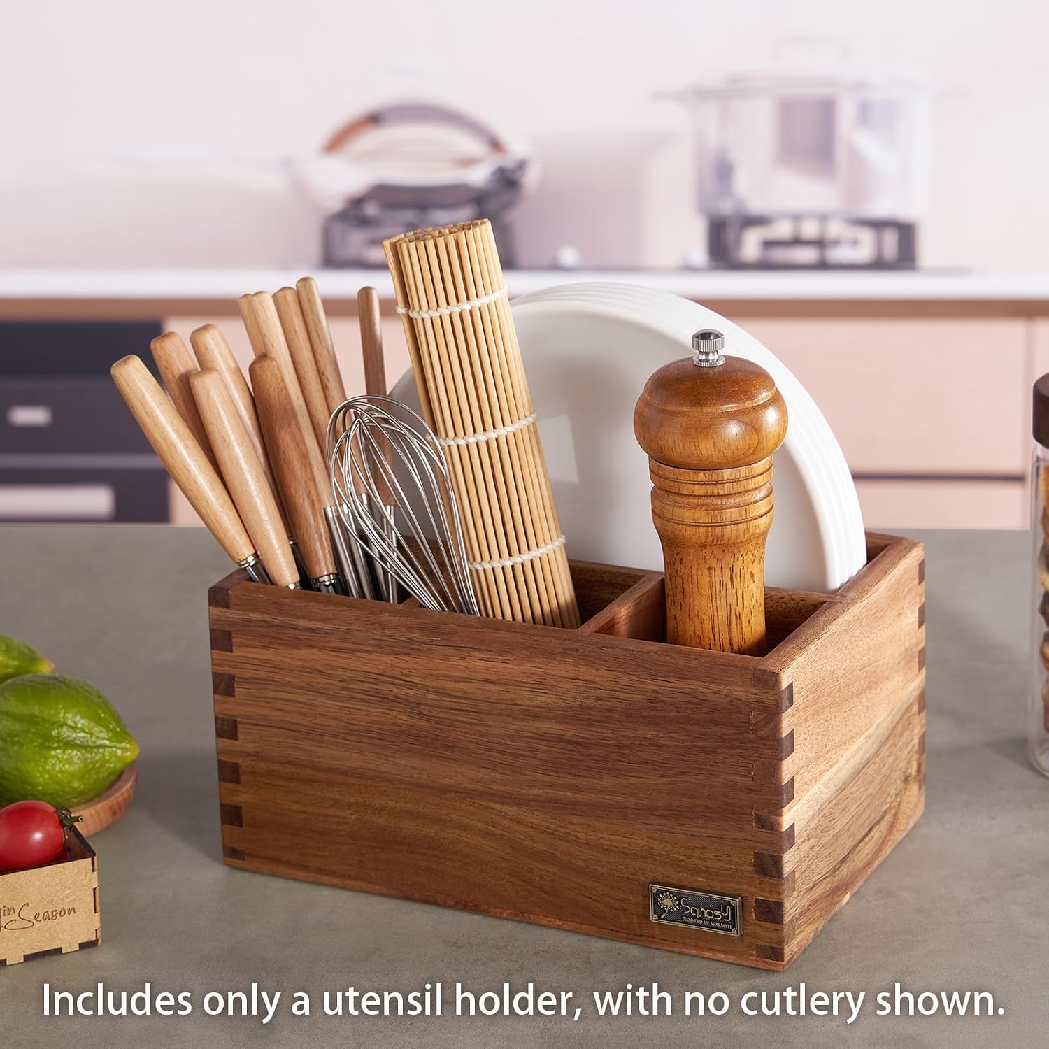 Acacia Wood Utensil Holder, Paper Plate Dispenser Organizer for Countertop - 4 Compartment Silverware Caddy for Friendsgiving Party - Cutlery Holder for Cup, Fork, Spoon, Kitchen, Camping