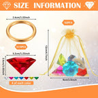 Chalyna 45Pcs Acrylic Diamond Gem Jewelry Alloy Gold Round Ring Set Halloween Party Favor Pirate Treasure Hunting Cake Decor with Gift Bag (Vivid Style)