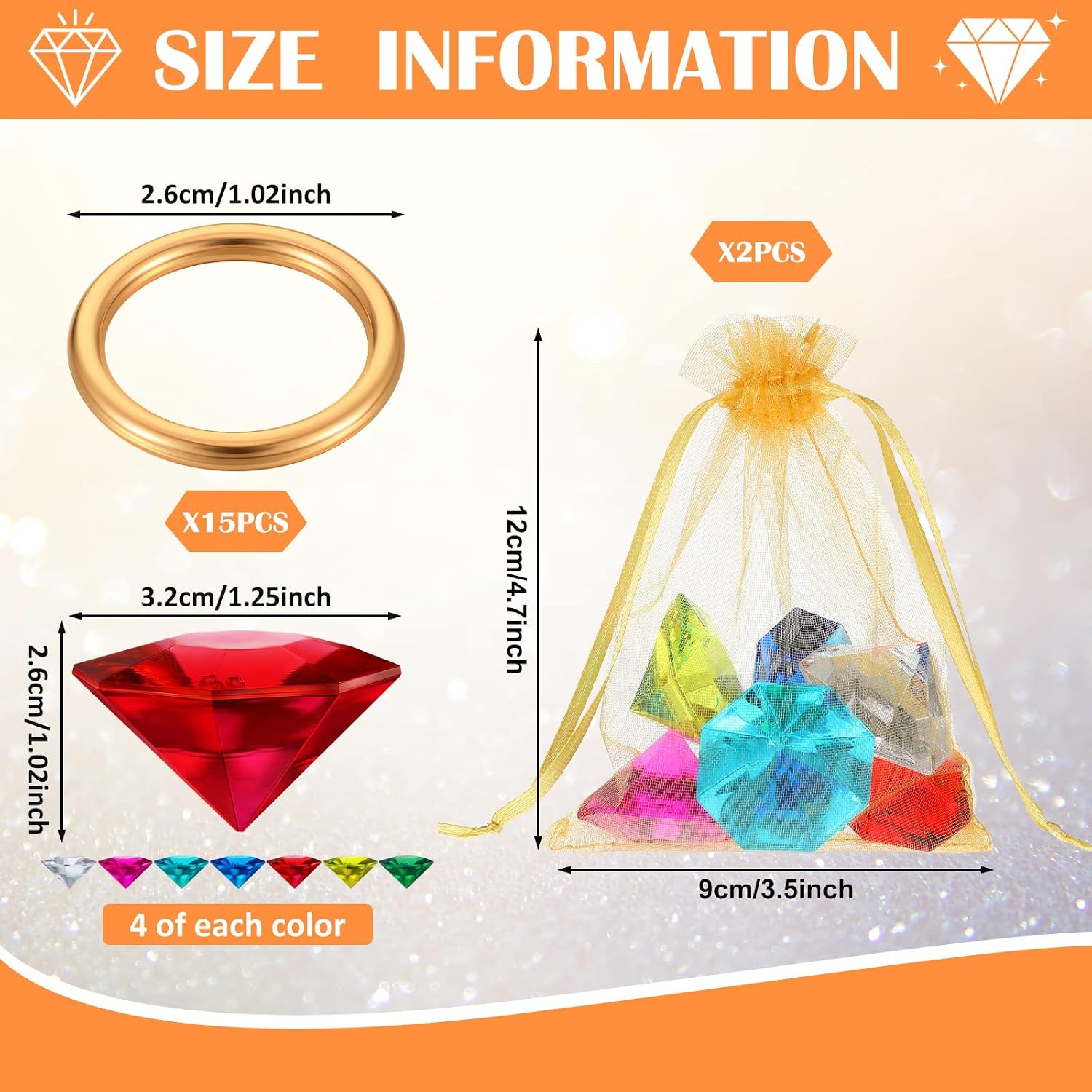 Chalyna 45Pcs Acrylic Diamond Gem Jewelry Alloy Gold Round Ring Set Halloween Party Favor Pirate Treasure Hunting Cake Decor with Gift Bag (Vivid Style)