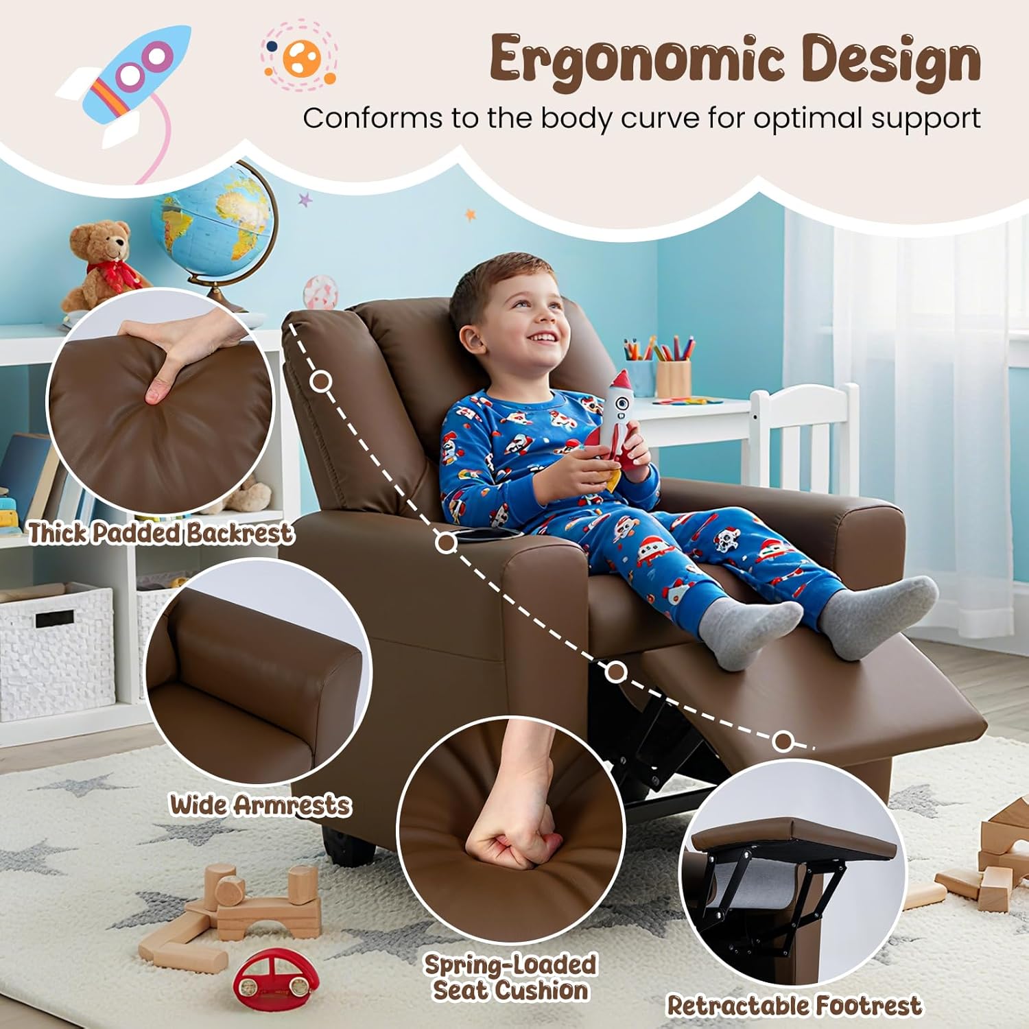 HONEY JOY Kids Recliner, 2-in-1 Toddler Armrest Sofa Couch with Cup Holders, Adjustable Footrest, PU Leather, Child-Size Recliner Chair for Boys Girls Age 3+ (Brown)