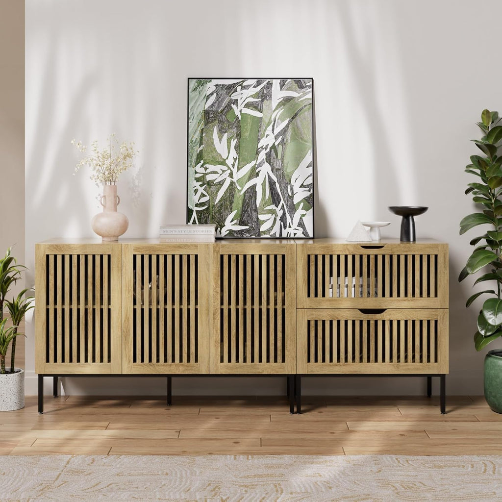 BVIUNTWO 75" Farmhouse Buffet Cabinet, Large Storage Sideboard with Adjustable Shelves & Metal Base, 3-Door Coffee Bar Cabinet for Kitchen/Dining/Living Room, Oak