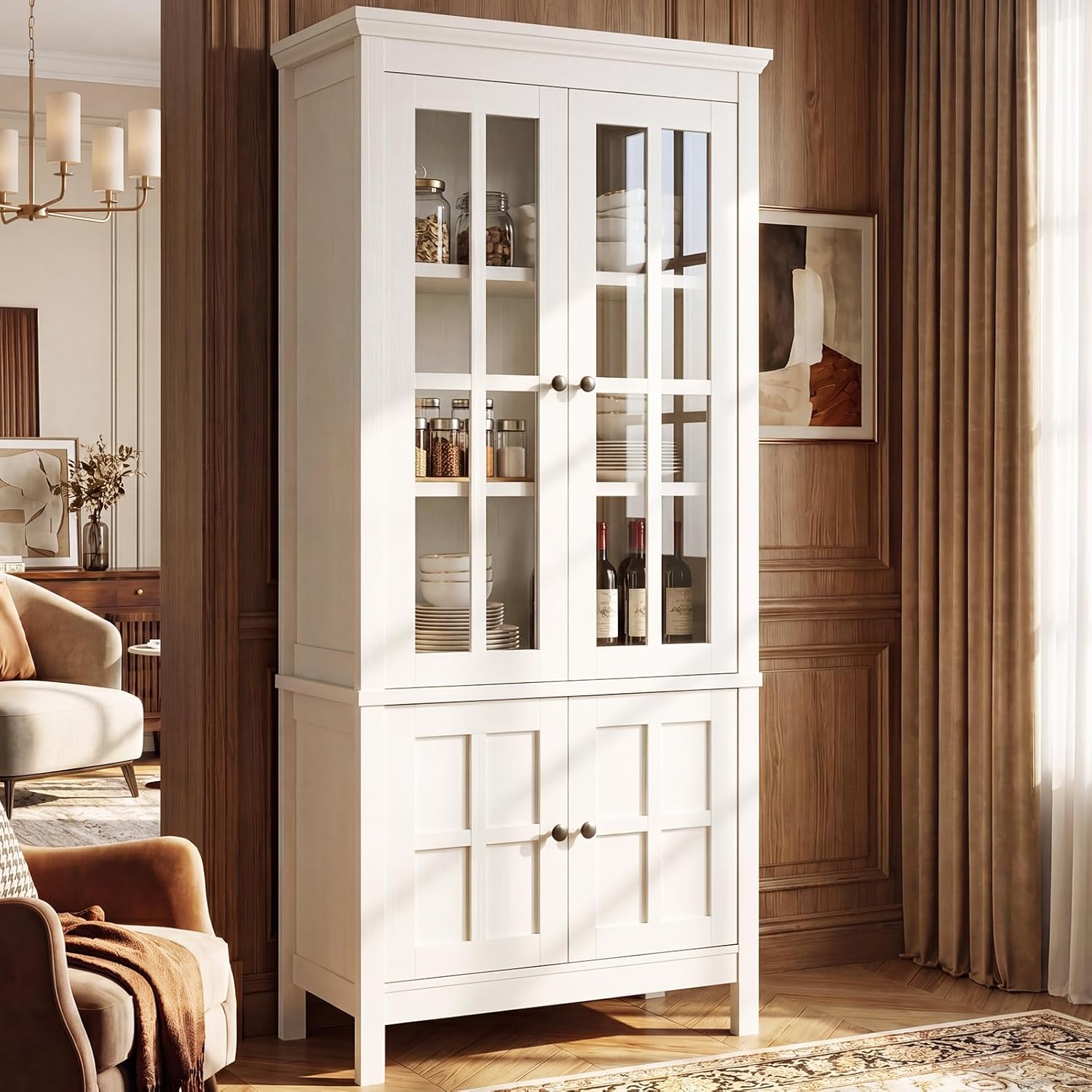 63" Kitchen Pantry Cabinet with Glass Doors & Hidden Storage, Farmhouse Display Kitchen Hutch Cupboard with Adjustable Shelves for Dining Room, Living Room Home Office, Rustic White