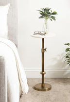Kate and Laurel Engles Traditional Adjustable-Height Pedestal Drink Table, 10 x 10 x 30, White Marble and Antique Brass, Vintage Round Indoor Metal Plant Stand with Authentic Marble Tabletop