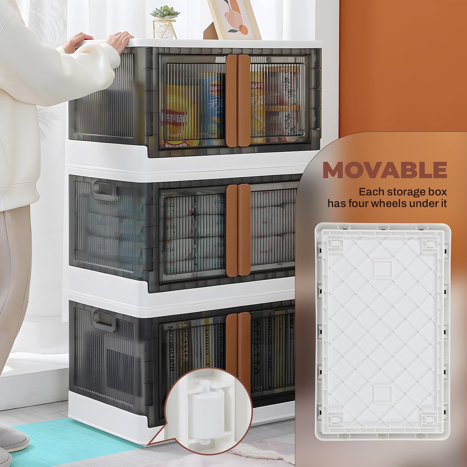 3 Pack 8.4 Gallon Collapsible Storage Boxes, Lidded Storage Box with Door and Wheels for Books, Towels and Clothes, Folding Storage Box for Home, White