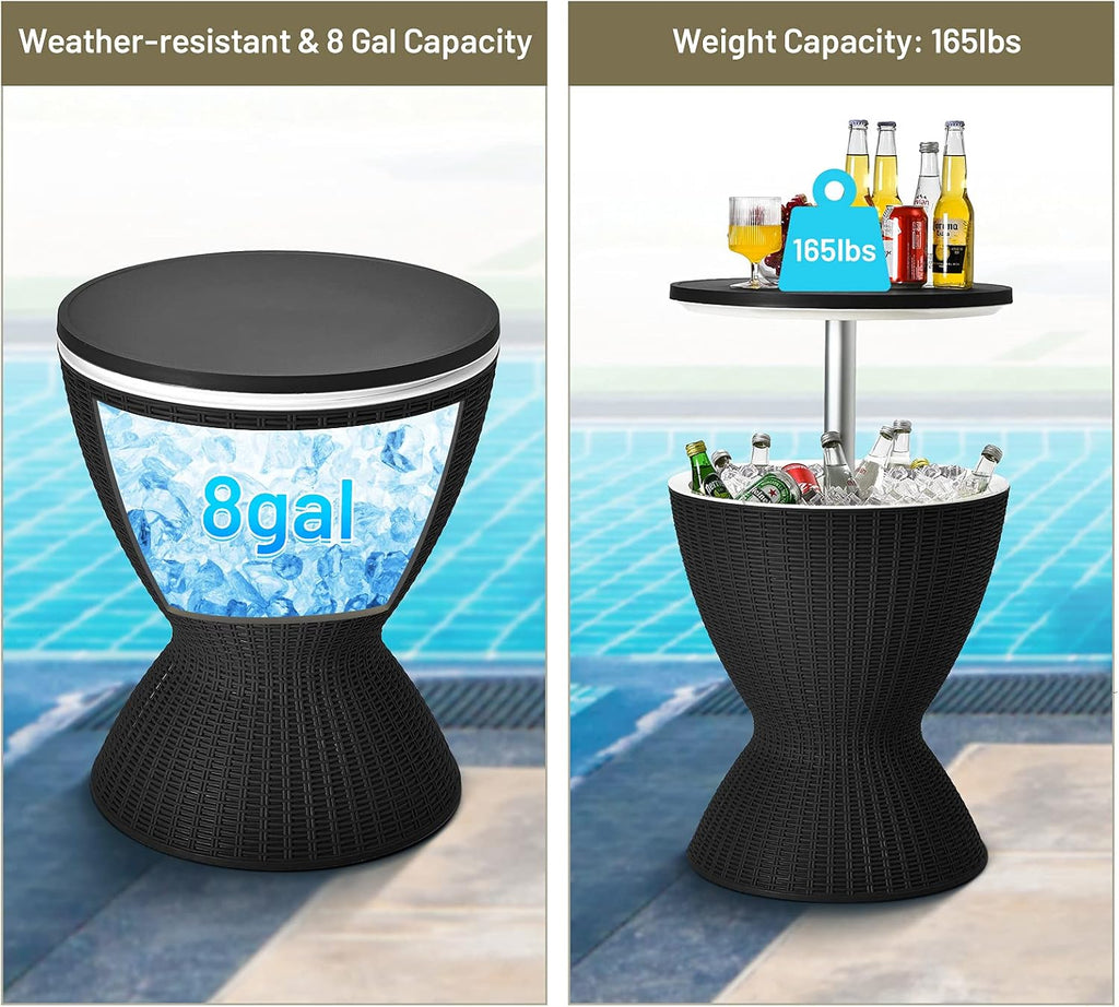 S AFSTAR Cool Bar Table, 8 Gallon Rattan Patio Bar Cooler Table with Ice Bucket & Height Adjustable Tabletop, Beer & Wine Cooler, Outdoor Indoor Cocktail Coffee Table for Patio Party Pool Deck (Black)