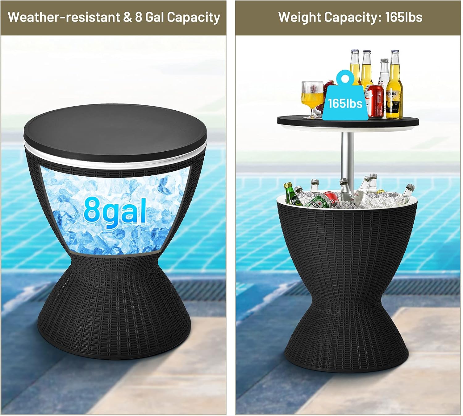 S AFSTAR Cool Bar Table, 8 Gallon Rattan Patio Bar Cooler Table with Ice Bucket & Height Adjustable Tabletop, Beer & Wine Cooler, Outdoor Indoor Cocktail Coffee Table for Patio Party Pool Deck (Black)