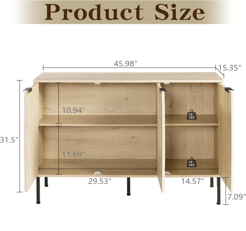 Buffet Cabinet with 3 Fluted Doors, Large Coffee Bar Table, Wooden Storage Cabinet, Modern Farmhouse Sideboard Credenza for Dining Room, Kitchen, Living Room, 15.35"x45.98"x31.5", White Oak