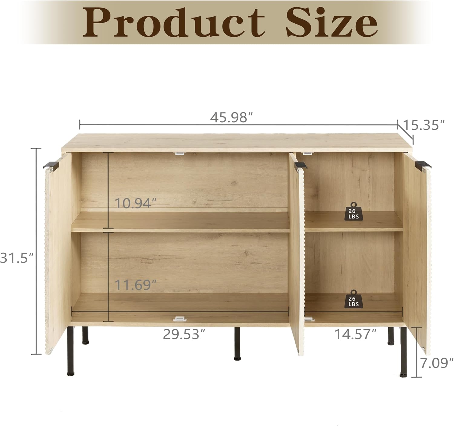 Buffet Cabinet with 3 Fluted Doors, Large Coffee Bar Table, Wooden Storage Cabinet, Modern Farmhouse Sideboard Credenza for Dining Room, Kitchen, Living Room, 15.35"x45.98"x31.5", White Oak