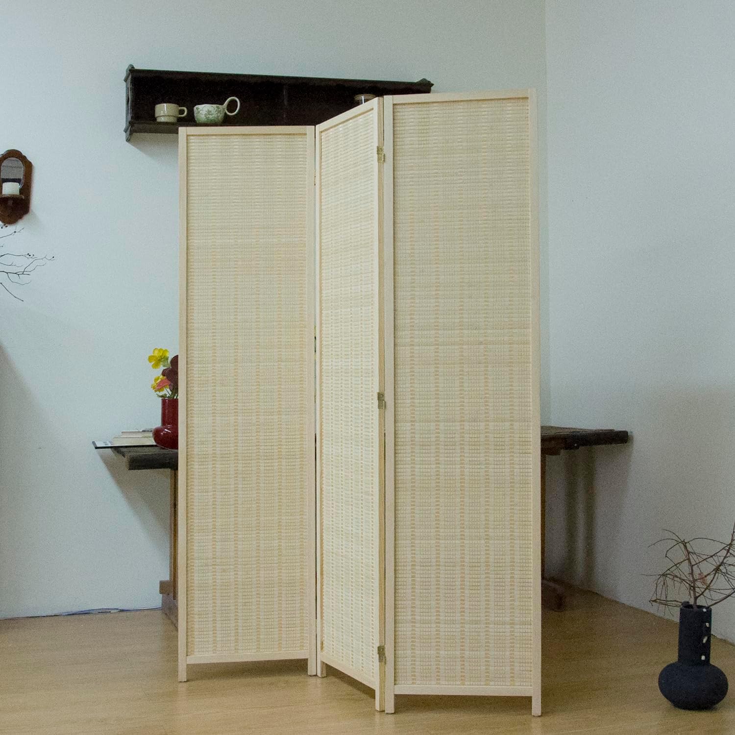 3-Panel Bamboo Room Divider - 5.6 ft Tall Beige Folding Privacy Screen, Double-Sided Freestanding Partition Wall with Natural Wood Frame for Home Office & Corner Privacy