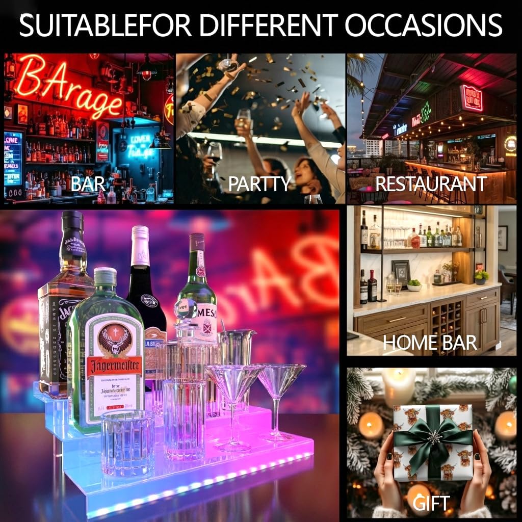 YMVV LED Lighted Liquor Bottle Acrylic Display, 3 Tiers 15.7 Inch LED Liquor Shelves with RF Remote, Liquor Bottle Accessories Shelf for Home Bar