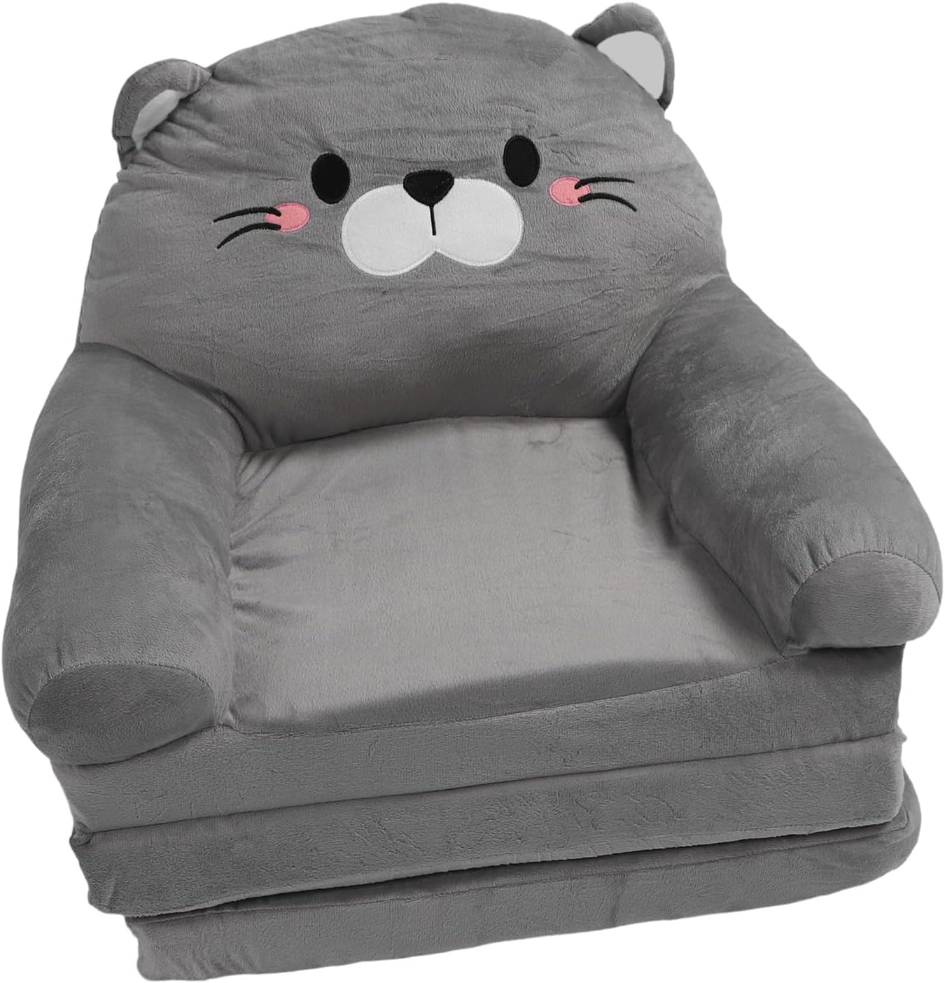 Kids Couch Toddler Chair Plush Cat Design, Foldable Floor Seat Grey 3 Layer - Comfortable Soft Cushion, Portable and, Perfect for Napping and Playing (3 Layers)