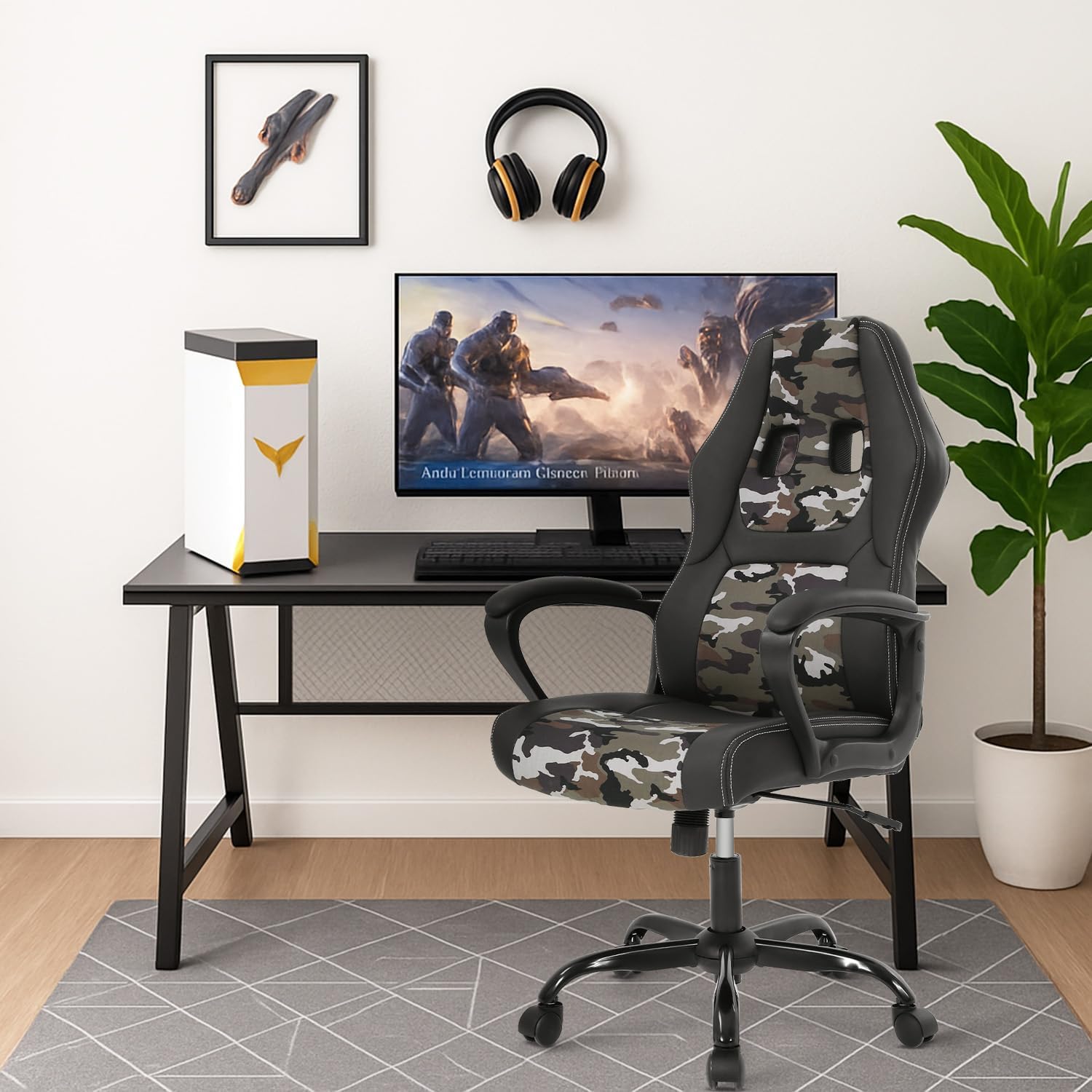 Gaming Chair PU Leather Chairs Ergonomic Office Chair Executive Computer Chairs High Back Computer Task with Lumbar Support Adjustable Height, Camo