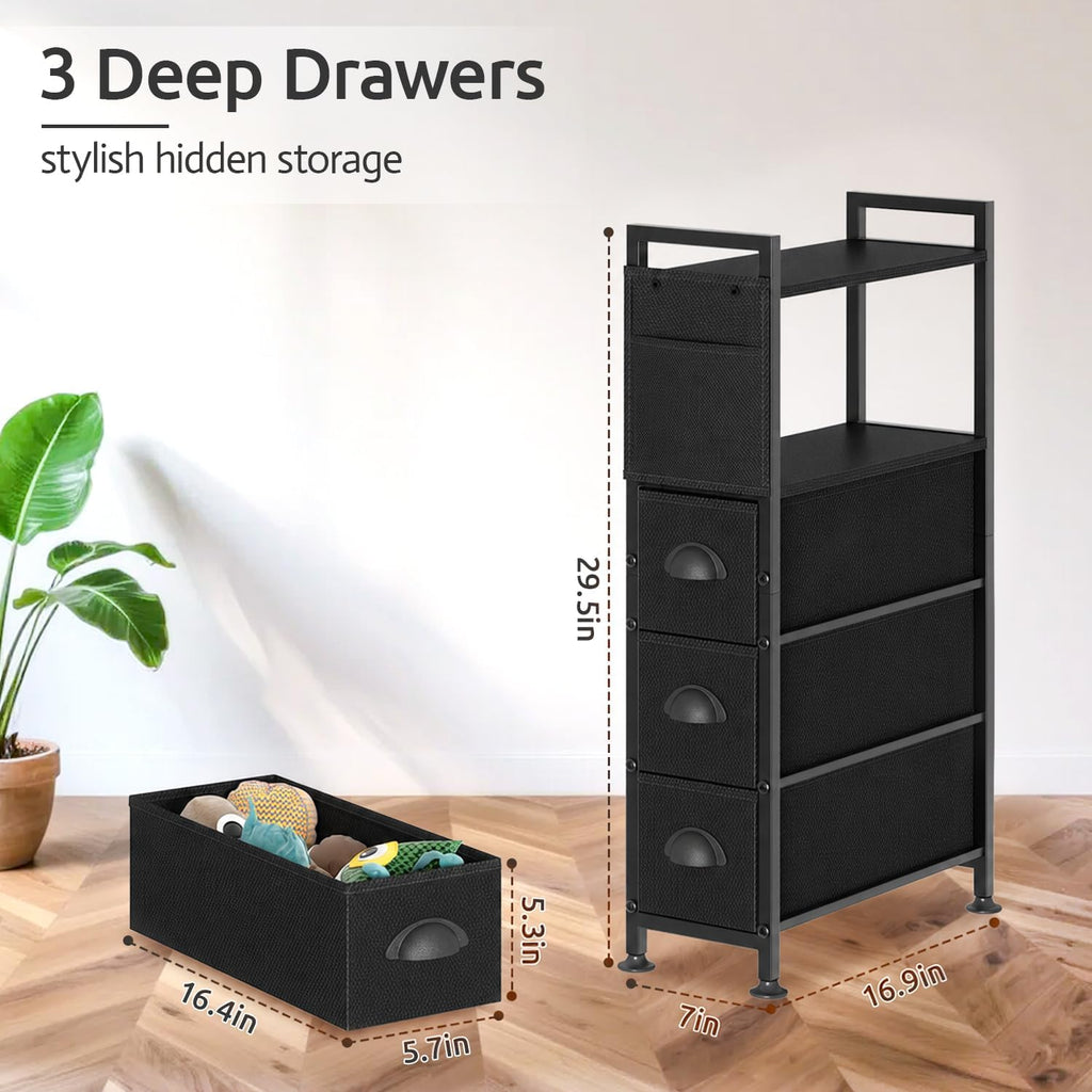 Oppro 3 Drawer Narrow Dresser Side End Table Small Spaces, Slim Nightstand Bedside Sofa Table with Wheels, Space Saving Skinny Thin Couch Desk with Storage Bag for Bedroom Living Room Bathroom,Black