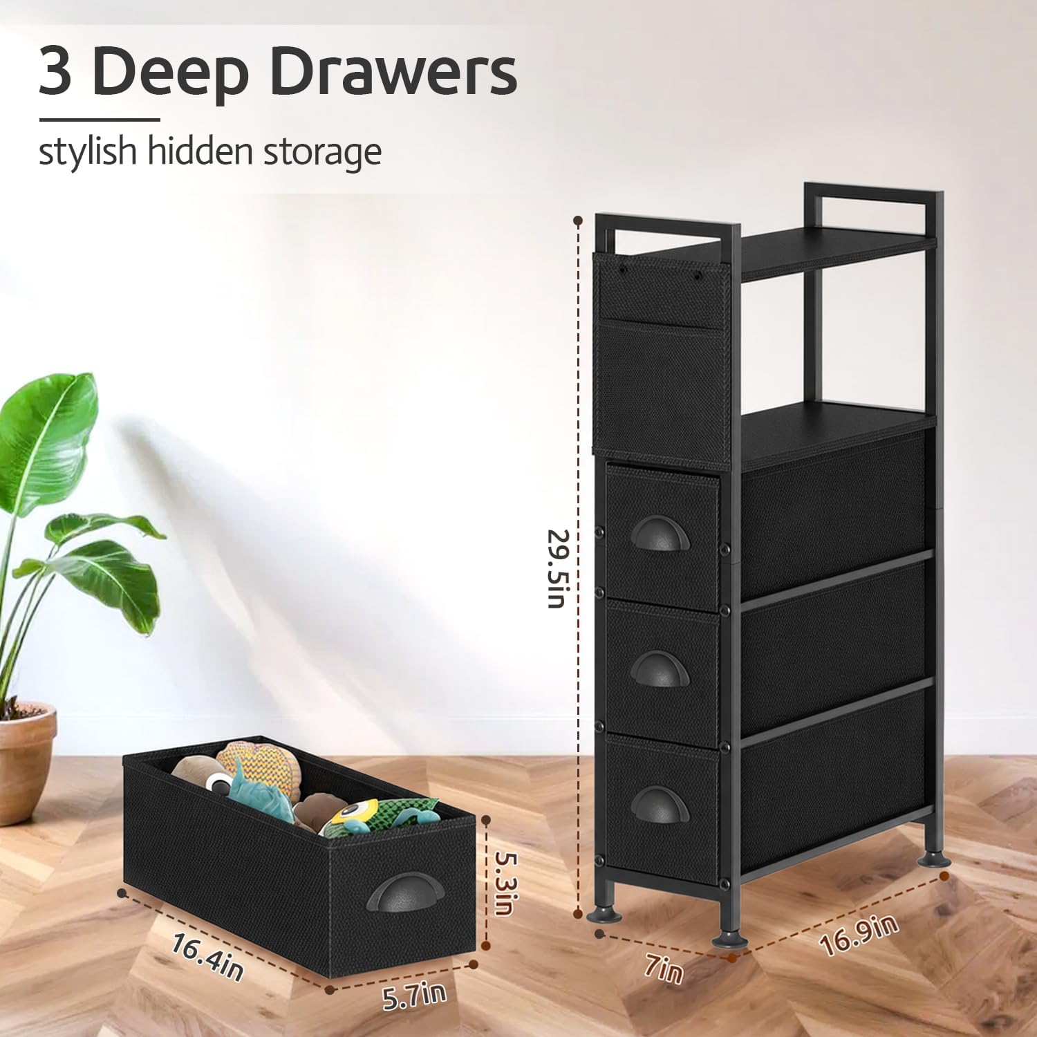 Oppro 3 Drawer Narrow Dresser Side End Table Small Spaces, Slim Nightstand Bedside Sofa Table with Wheels, Space Saving Skinny Thin Couch Desk with Storage Bag for Bedroom Living Room Bathroom,Black