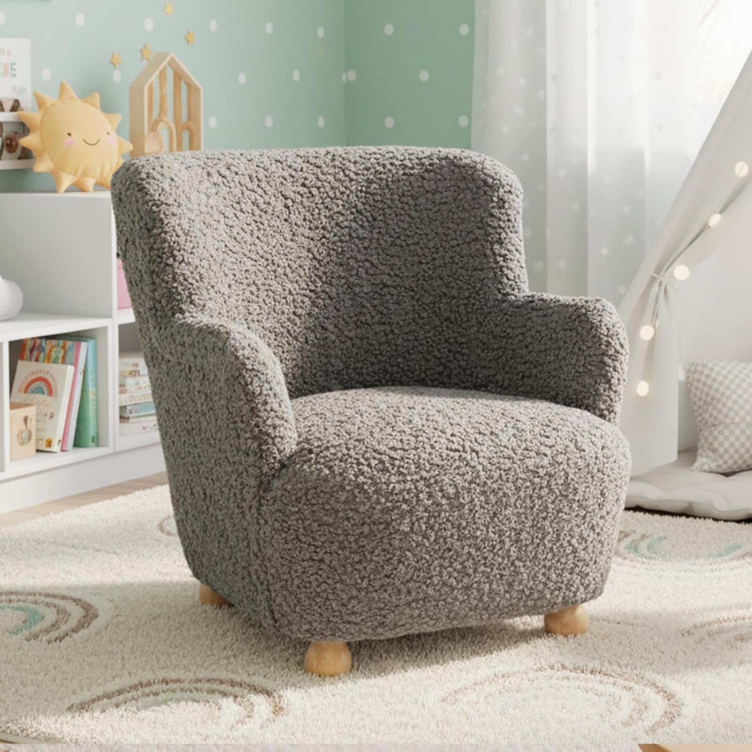 KOTEK Comfy Toddler Chair, Sherpa Kids Armchair with Rubber Wood Legs, Children Reading Chair for Boys & Girls, Upholstered Kids Sofa for Playroom Bedroom Nursery (Grey)