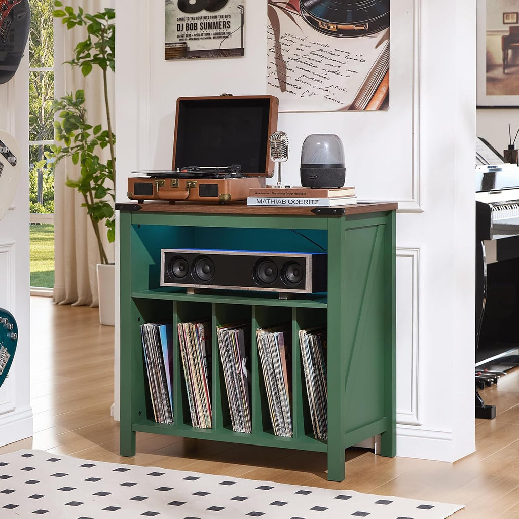 Joaxswe Large Record Player Table with Charger Station & LED Lights, Vinyl Record Storage Player Table up to 230 Albums, Turntable Stand with Display Shelf for Music Room Bedroom Living Room (Green)