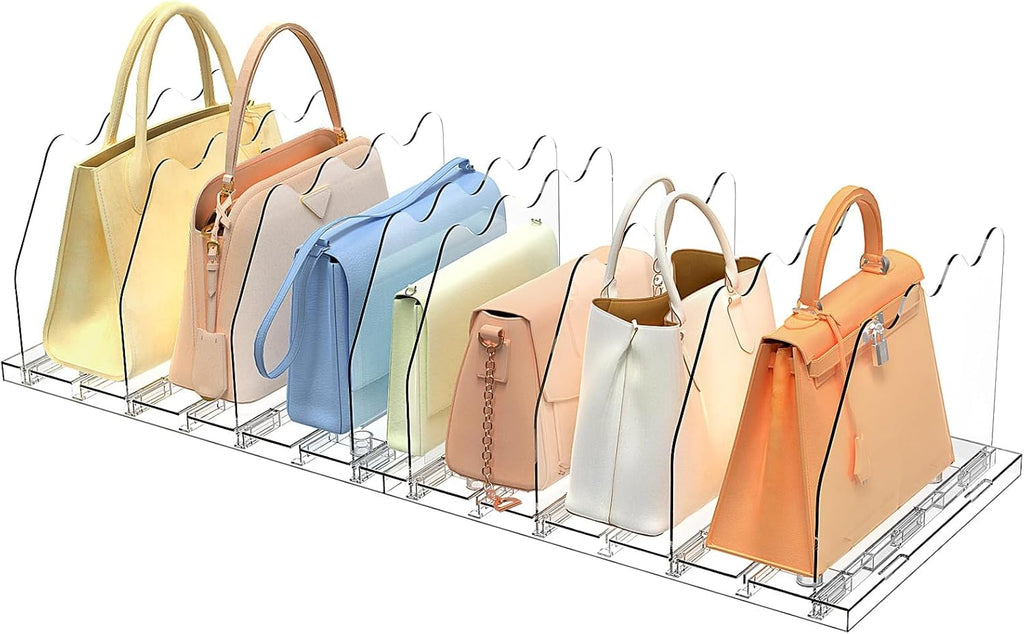 SOYO Adjustable Purse Organizers for Closet, Acrylic Shelf Divider for Bag and Purse Storage, Clear Pocketbook and Handbag Organizer, Bookshelf Separator Organizers for House, Office Use, Clear