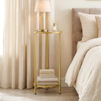 HOOBRO Small Round Side Table, Gold Accent End Table with Tempered Glass Tabletop, 28” H Nightstand for Small Space, Living Room, Bedroom, Balcony, Gold GD228BZ01
