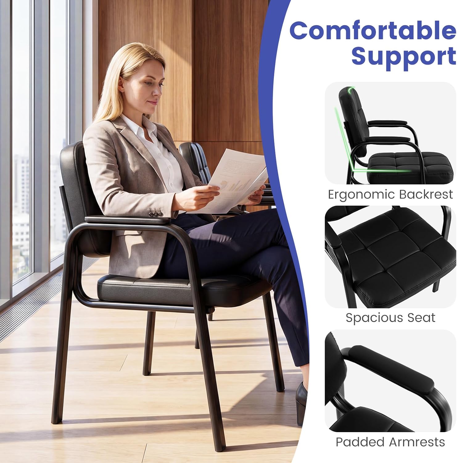 Giantex Waiting Room Guest Chairs Set of 2, Leather Office Reception Chairs with Padded Armrests, Metal Frame, Stationary Side Chairs No Wheels for Conference Meeting Lobby Home, Black