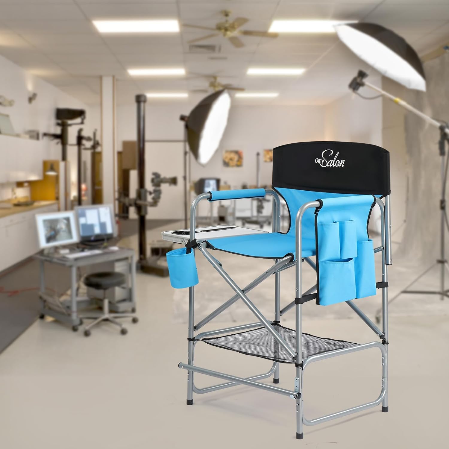 OmySalon 26" Extra Tall Director Chair w/Side Table, Heavy-Duty Steel Frame Portable Folding Bar Stool w/Storage Pockets, for Makeup Artist, Salon, Studio, Camping, 301 lbs Capacity (Navy)