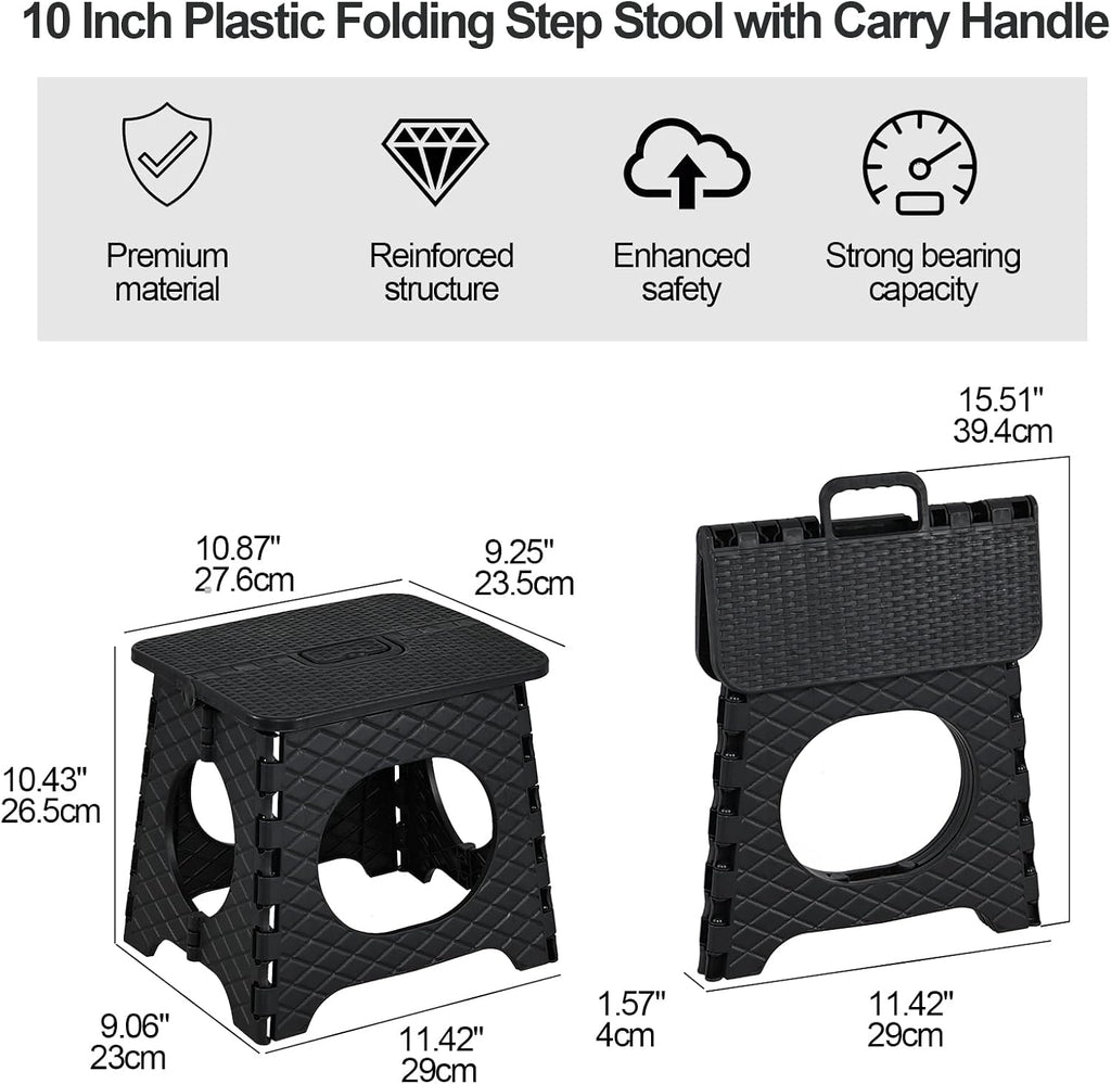 Folding Step Stool, 10 inch Non-Slip Foldable Stools, Step Stool with Handle, Lightweight for Kitchen, Bathroom, Bedroom, Garden, Black, 2 PCS